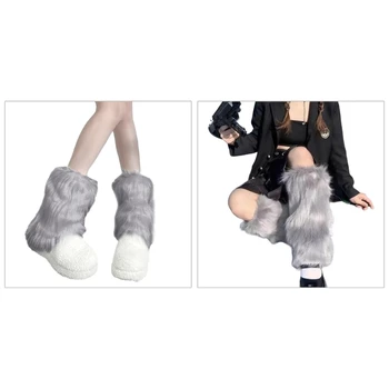 Женские однотонные серые манжеты для ботинок, грелка для ног, Зимние теплые меховые носки Harajuku