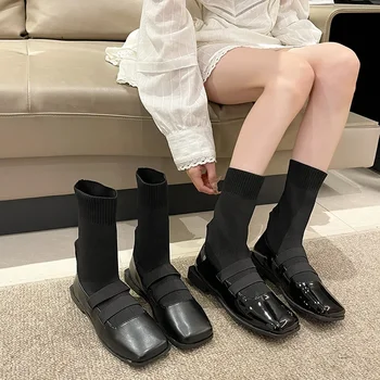 Женские сапоги-носочки из эластичного трикотажа 2023 года, Новые черные матовые женские туфли с квадратным носком, повседневные женские короткие сапоги-бочонки на низком каблуке Zapatos