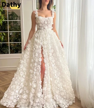 Женское белое длинное платье с 3D стереоскопическим белым цветочным рисунком, элегантное свадебное платье с ремешком на спине, Платье трапециевидной формы с высоким разрезом.
