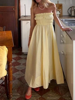 Женское элегантное платье Макси без бретелек с рюшами на лифе и струящимся дизайном с открытыми плечами для пляжных вечеринок или официальных мероприятий