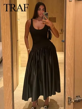 Женское элегантное шикарное Черное платье в стиле пэчворк без рукавов, женское винтажное платье-слинг, Свободные вечерние Тонкие плиссированные платья Vestidos Mujer