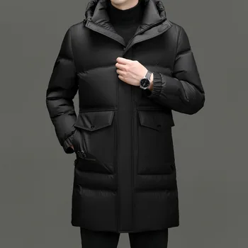 Зимний новый мужской пуховик высокого качества, средней длины с капюшоном, утолщенное модное повседневное пальто, молодежный теплый топ