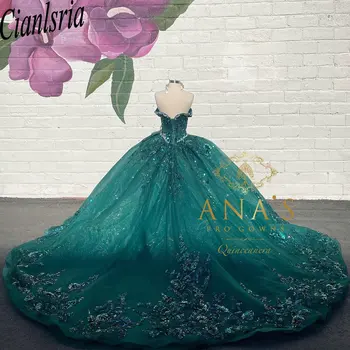 Изумрудно-зеленое бальное платье с бисером и кристаллами, пышные платья с открытыми плечами, аппликации с блестками, корсет Vestido De 15 Anos