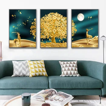Картина с Золотым Деревом И Оленем Абстрактная Картина Маслом Принт Для Гостиной Cuadros Home Decoration