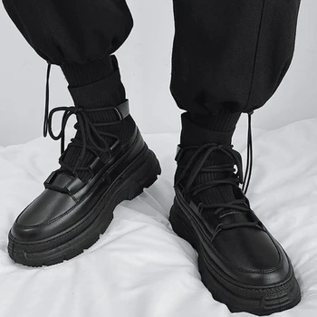 Кожаные ботинки в британском стиле, мужские осенние мотоциклетные ботинки на платформе с круглым носком и шнуровкой, высокие кроссовки, обувь Bota Hombre