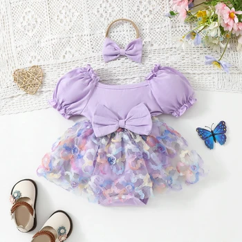 Комплект из 2 предметов для маленькой девочки, отделка оборками, пышные рукава, платье-комбинезон с 3D цветами, повязка на голову с 3D бантом, летняя одежда для малышей