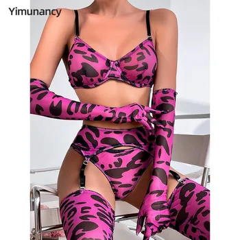 Комплект нижнего белья Yimunancy с леопардовым принтом, женские Сексуальные перчатки, Чулки, эротический бюстгальтер, комплект нижнего белья из 5 предметов, нижнее белье