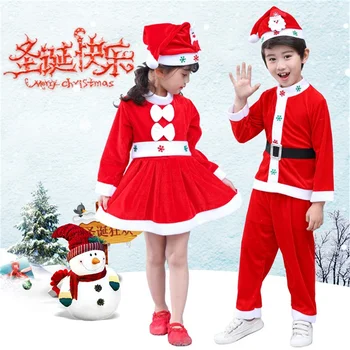 Комплекты рождественской одежды для детей Для маленьких девочек Рождественский костюм Для мальчиков Костюмы Санта-Клауса Детский топ + Брюки + Шляпа 3шт Праздничный наряд