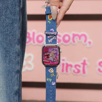 Корейский Браслет с Цветочной Вышивкой, ремешок для Apple Watch 8 7 SE 6 5 4, Джинсовый Холщовый Кожаный ремешок Для iWatch 38 40 41 42 44 45 49 мм
