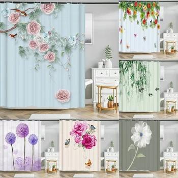 Красивые занавески для душа с цветочным принтом, 3D занавеска для ванной комнаты из полиэстеровой ткани, водонепроницаемая занавеска для ванной комнаты с крючками