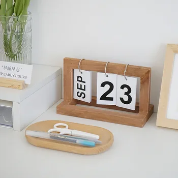 Креативный Деревянный Перекидной календарь Ins, украшение рабочего стола с деревянным Вечным календарем