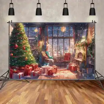 ЛУНА.Фон QG Золотисто-красное освещение Рождественская елка Картина маслом в гостиной Фон камина Украшение окна дома в виде снежинки