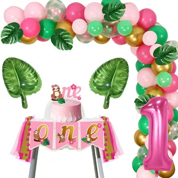 Ленивец, Декор на 1-й День Рождения, Гирлянда из воздушных шаров, Арка, Набор для украшения торта, стульчик для кормления, баннер, принадлежности для вечеринки в честь первого Дня рождения животных в джунглях