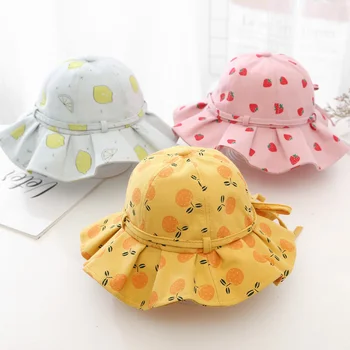 Летняя Детская шляпа-ведро с цветочным фруктовым принтом и бантом, солнцезащитные шляпы для девочек, пляжная кепка для малышей на открытом воздухе