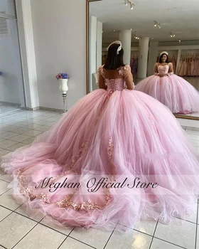 Мексиканское Розовое Пышное платье в виде Сердечка 2023 С Бисерными аппликациями, Корсет для вечеринки по случаю Дня Рождения, Платье для выпускного вечера, Бальное платье Sweet 16 Robe De Bal