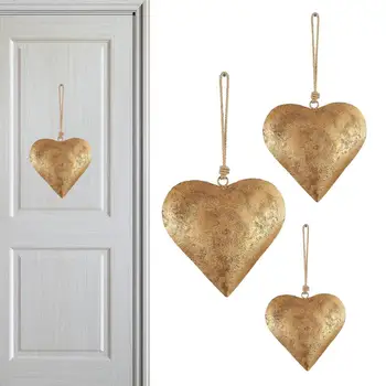 Металлические гобелены в форме сердца, Железный орнамент в форме сердца с золотой античной отделкой и колокольчиком в виде сердца, винтажное настенное искусство в виде металлического сердца