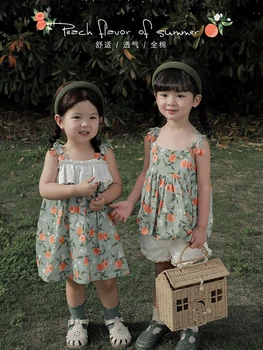 Милое Вышитое Платье Принцессы на Подтяжках для девочек 2023, Летнее Детское Персиковое Платье