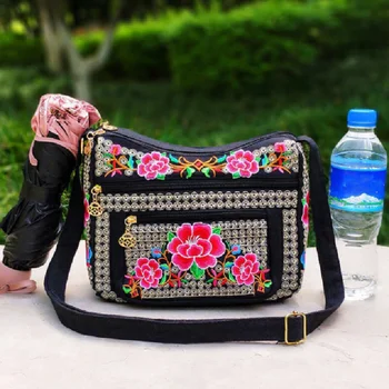Многослойная сумка-мессенджер Женская винтажная сумка через плечо с вышивкой в китайском стиле, большая вместительная сумка с регулируемым ремешком