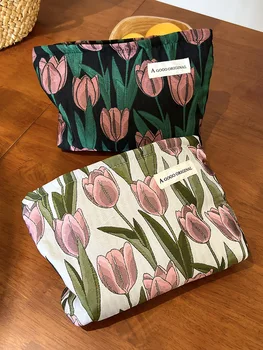 Мода ретро Тулип косметичка с вышивкой для женщин макияж сумка для путешествий красоты туалетные принадлежности сумка цветок хранения организатор мешок