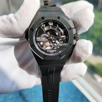 Модные мужские часы Reef Tiger, автоматические механические наручные часы с сильным светящимся циферблатом в виде скелета, 100-метровое водонепроницаемое сапфировое зеркало