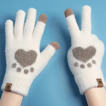 Модные перчатки с рисунком кошачьей лапы, вязаные перчатки с сенсорным экраном мобильного телефона, зимние толстые и теплые Мягкие пушистые перчатки для взрослых, мужские Женские