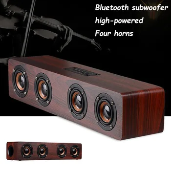 Мощный деревянный динамик Bluetooth мощностью 12 Вт, сабвуфер, система домашнего кинотеатра, звуковая панель Super Bass HIFI с четырьмя рупорами для телевизора, компьютера.