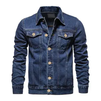 Мужская джинсовая куртка, приталенный крой, стиль с лацканами, Однотонная однобортная джинсовая куртка для мотоциклистов, хлопковые повседневные черные синие пальто