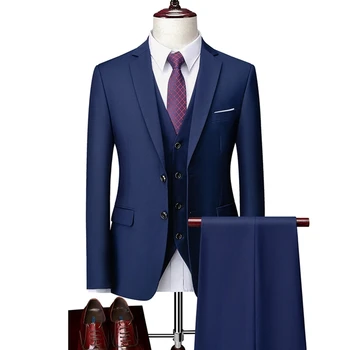 Мужские Приталенные деловые повседневные костюмы, комплект из трех предметов, платье, куртка, брюки, жилет/Мужской Свадебный блейзер жениха, пальто, брюки, жилет