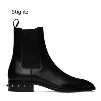 Мужские черные зимние ботинки без застежки, ботильоны в стиле ретро, Повседневные кожаные ботинки с заклепками, мужская обувь с высоким берцем, износостойкая
