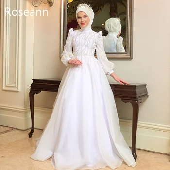 Мусульманское изысканное свадебное платье трапециевидной формы с высоким воротником, Атласная аппликация, ретро-платья для невесты Длиной до пола, свадебное платье robe de mariée