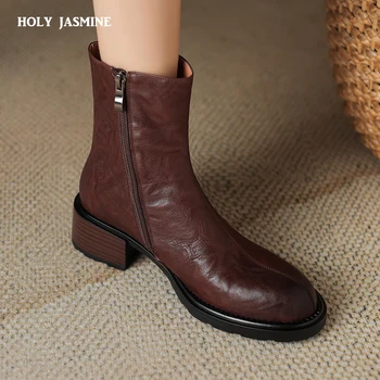 НОВЫЕ осенние ботинки, женская обувь из натуральной кожи, женские туфли на толстом каблуке с круглым носком, повседневные короткие ботинки без застежки, черные ботинки в стиле ретро