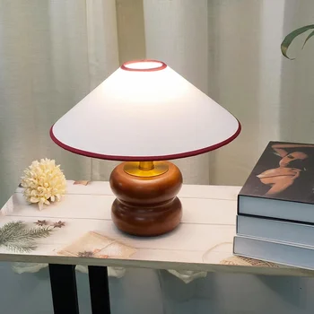 Настольная лампа из массива дерева, американские винтажные деревянные лампы, декор спальни, прикроватная тумбочка для кабинета, тканевый абажур, светодиодное освещение