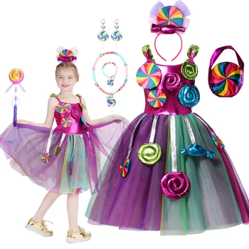 Необычный карнавальный костюм с конфетами для девочек, бальное платье-пачка для фестиваля Пурим, платья для вечеринок, костюм с леденцами на палочке, детская одежда, наряд
