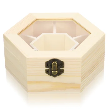 Новая Натуральная Простая Деревянная коробка для хранения ювелирных изделий и поделок со стеклянной крышкой и замком, коробка для хранения сундука в форме шестиугольника