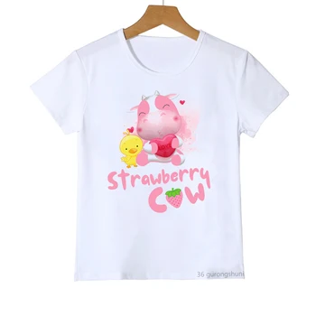 Новая горячая распродажа, детская футболка с забавным рисунком клубники и коровы для мальчиков, летняя модная футболка для мальчиков/девочек, kawaii, детская одежда