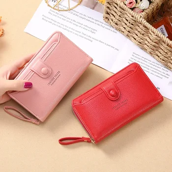 Новая однотонная женская сумка-клатч на запястье Модная корейская версия Длинный кошелек на молнии с зажимом для денег большой емкости