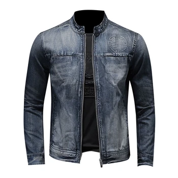 Новая синяя джинсовая куртка со стоячим воротником, мужская приталенная повседневная верхняя одежда в мотоциклетном стиле, пальто