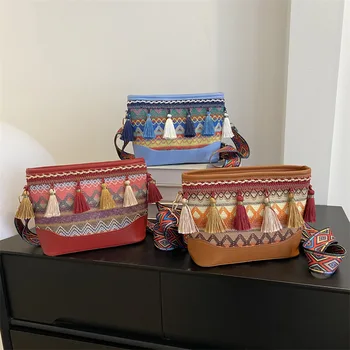 Новая цветная сумка с кисточками и широким плечевым ремнем Yangqi, тканая сумка через плечо в китайском стиле