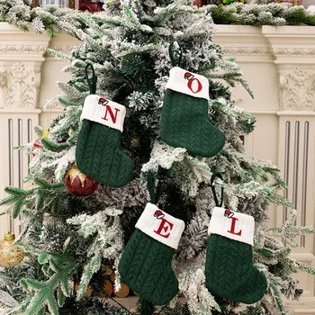 Новогодний Рождественский чулок с зелеными буквами алфавита, Рождественский орнамент, украшение Рождественской елки для дома, Рождественские подарочные носки