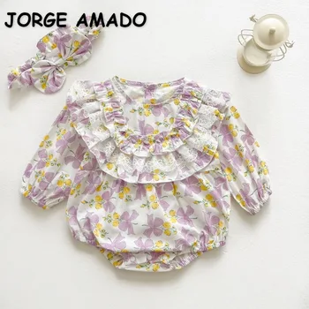 Новое осеннее боди для маленьких девочек, фиолетовый кружевной комбинезон с круглым вырезом и длинными рукавами в стиле пэчворк с бабочками и цветами, одежда для новорожденных на день рождения E23010