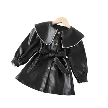 Новое платье принцессы для девочек, верхняя одежда, черные пуговицы, пояс с бантом, пальто для девочек, куртка в корейском стиле 2023