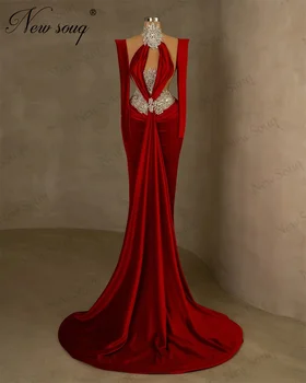 Новое поступление Красных бархатных вечерних платьев Элегантное расшитое бисером и бриллиантами Вечернее платье с длинными рукавами для женщин Дубай Свадебные вечерние платья