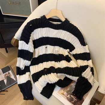 Новый Корейский хлопковый свитер, Женский Осенне-весенний пуловер с неровными отверстиями, вязаный топ в полоску средней длины X820