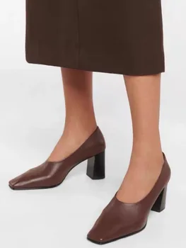 Новый стиль, женские тонкие туфли из овчины с квадратным носком на высоком массивном каблуке #59