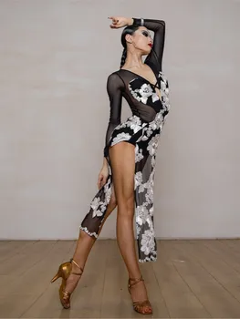 Новый тренировочный костюм для латиноамериканских танцев 2023 года, платье с длинными рукавами, наклейка Cheongsam