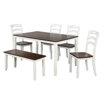 Обеденный стол из 6 предметов со скамейкой, столовый набор с водонепроницаемым покрытием цвета слоновой кости и вишни