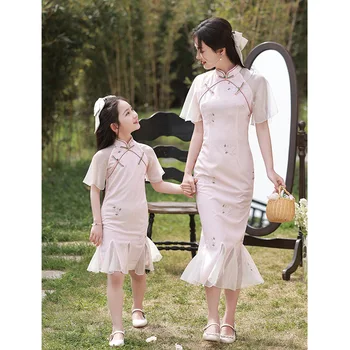 Одежда для родителей и детей, женское розовое платье с вышивкой 