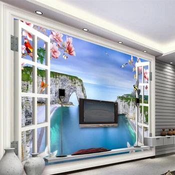 Окно бейбеханг морской пейзаж цветы магнолии и птицы телевизор диван фон стены большая фреска на заказ зеленые шелковые обои