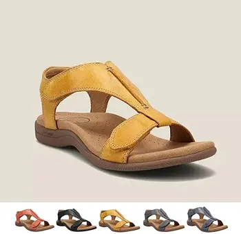 Ортопедические сандалии с регулируемой кожей, Женские сандалии-гладиаторы на плоской подошве, Кожаные сандалии-летние пляжные туфли в римском стиле с одной пряжкой, повседневные