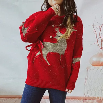 Осенне-зимний новый Рождественский свитер с золотой жаккардовой лентой и оленем, утолщенный вязаный пуловер с круглым вырезом